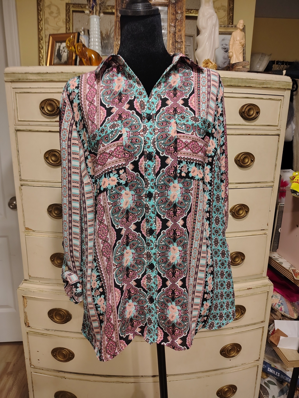 Relativity Boho Paisley Long-Sleeve Tunic Dress in Teal and Pink